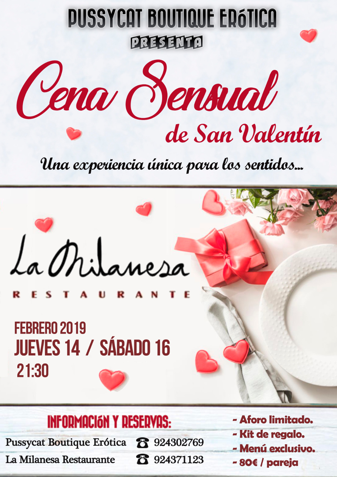Cartel informativo de cena sensual de San Valentín en restaurante La Milanesa