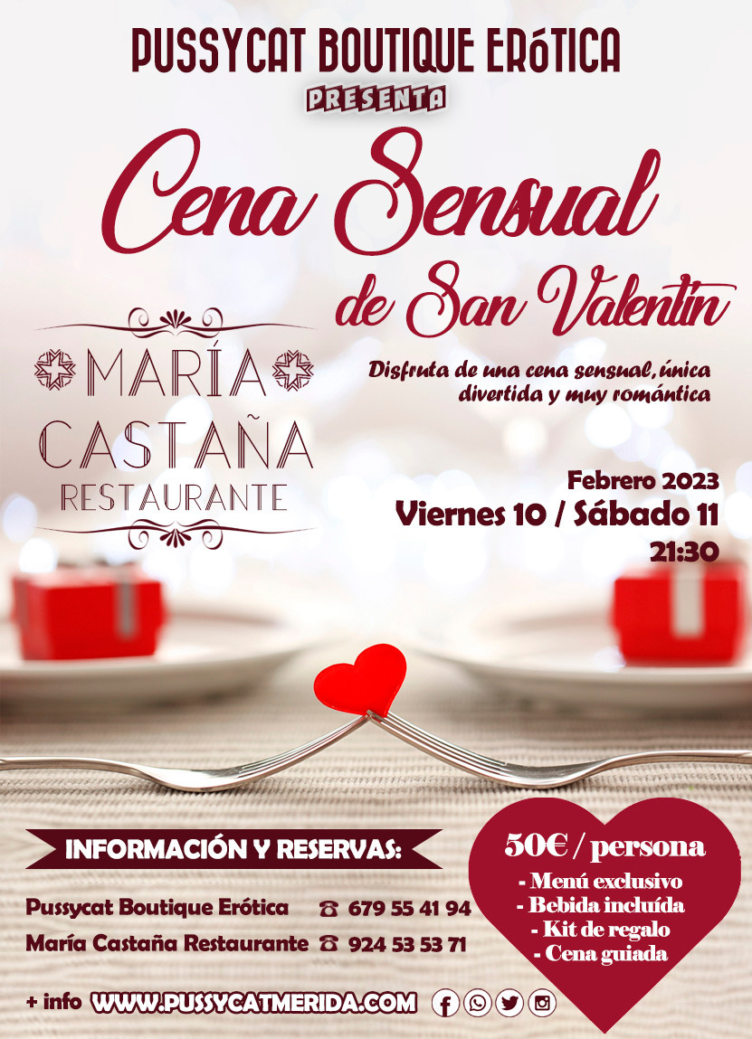 Cartel informativo de cena sensual de San Valentín 2023 en restaurante María Castaña